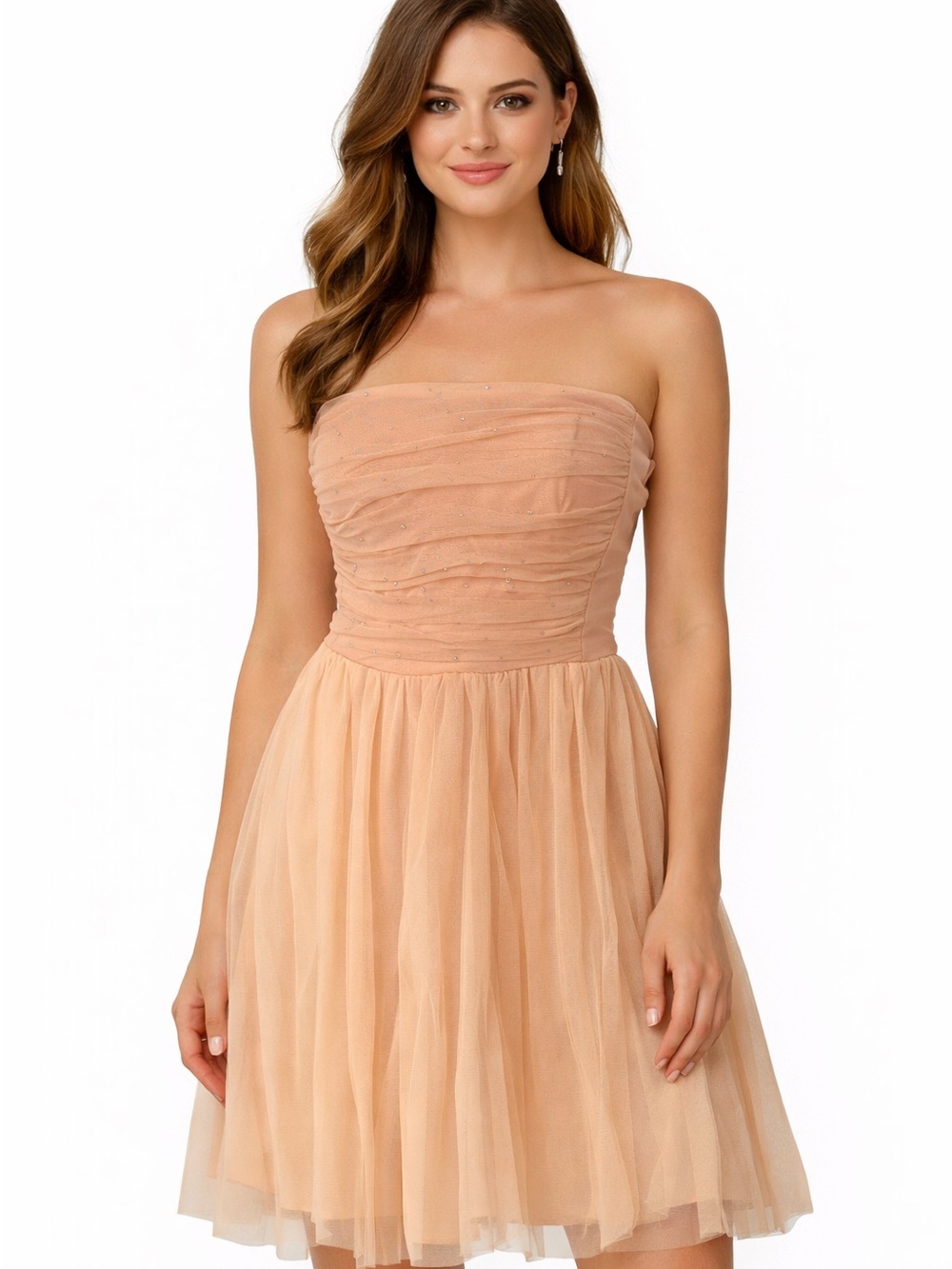Mystic Peach Strapless Tulle A-Line Dress Prom Homecoming Beaded Party Sz S